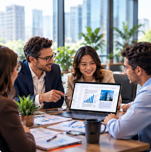 Team reviewing business reports
