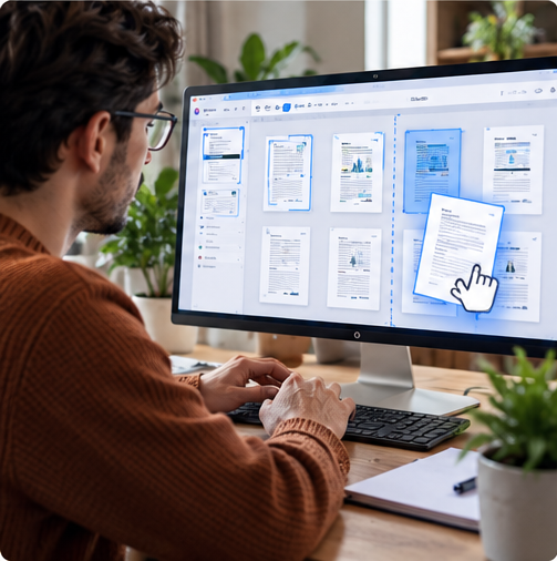 Organizing PDF pages on a desktop monitor