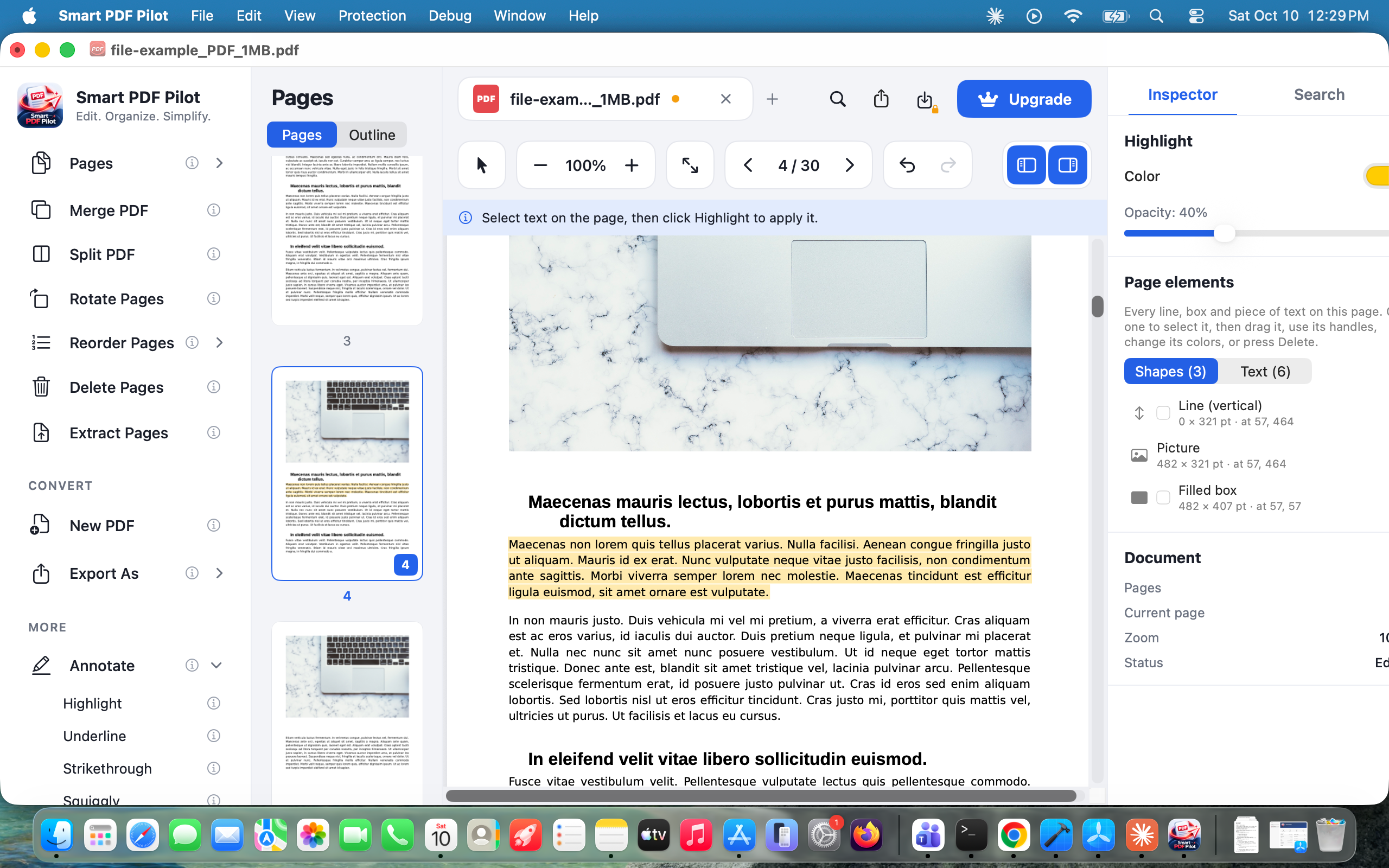 Highlighting text in a PDF with Smart PDF Pilot on Mac