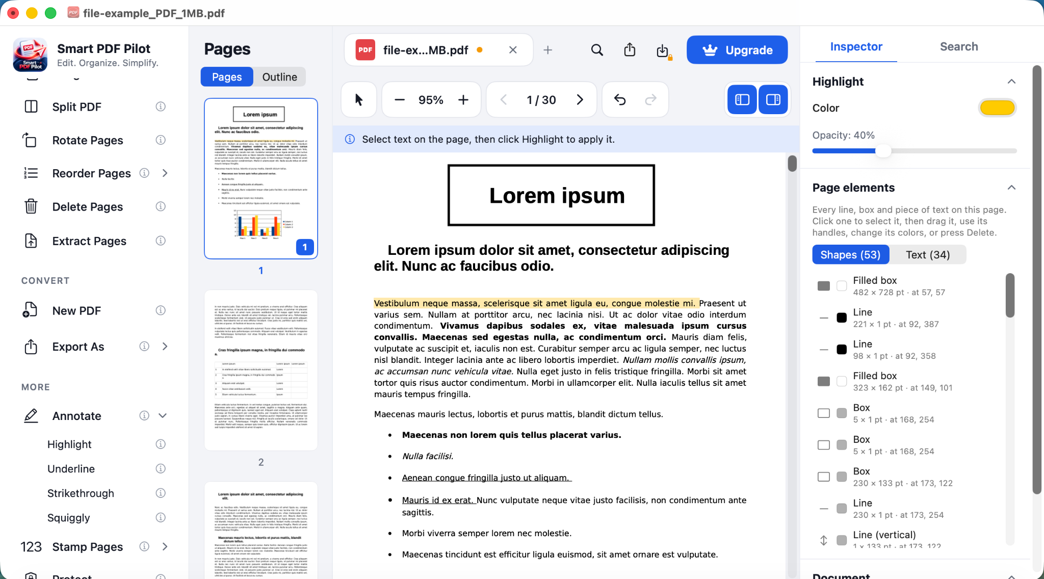 Page tools in the Smart PDF Pilot sidebar