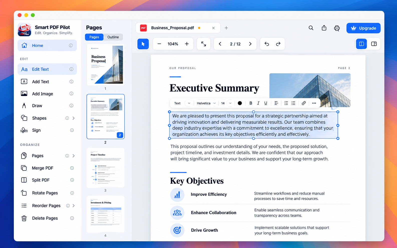 PDF editing workspace with document content and editing controls