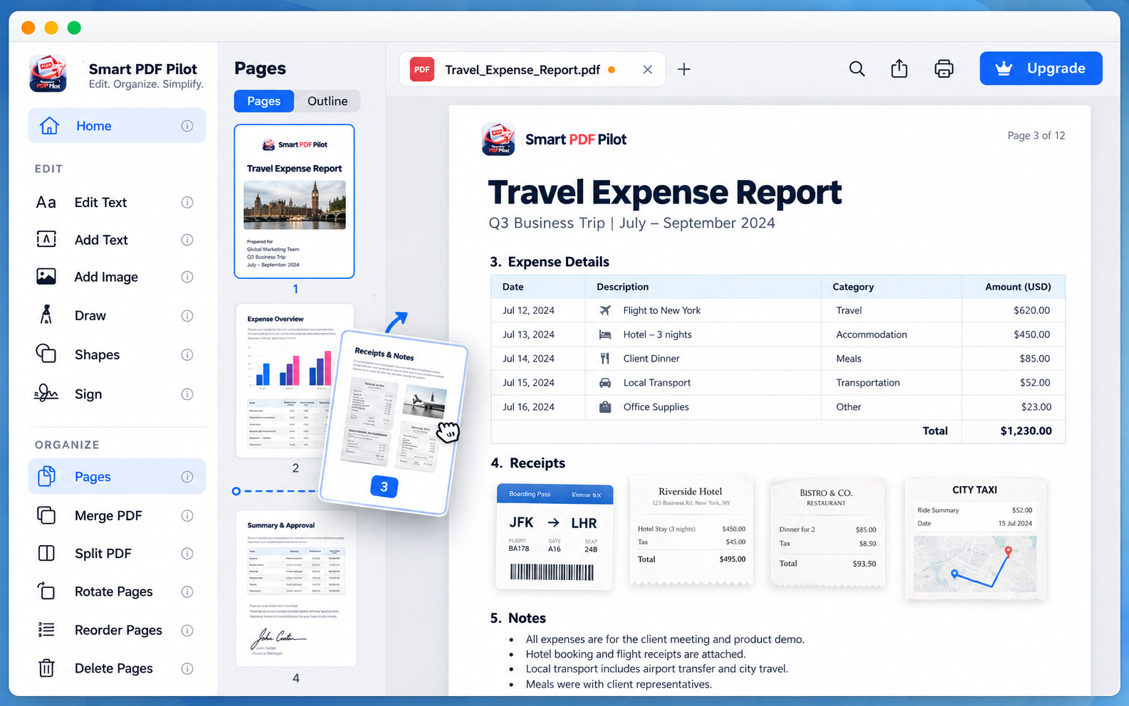 Smart PDF Pilot document workspace for managing and reviewing PDF pages