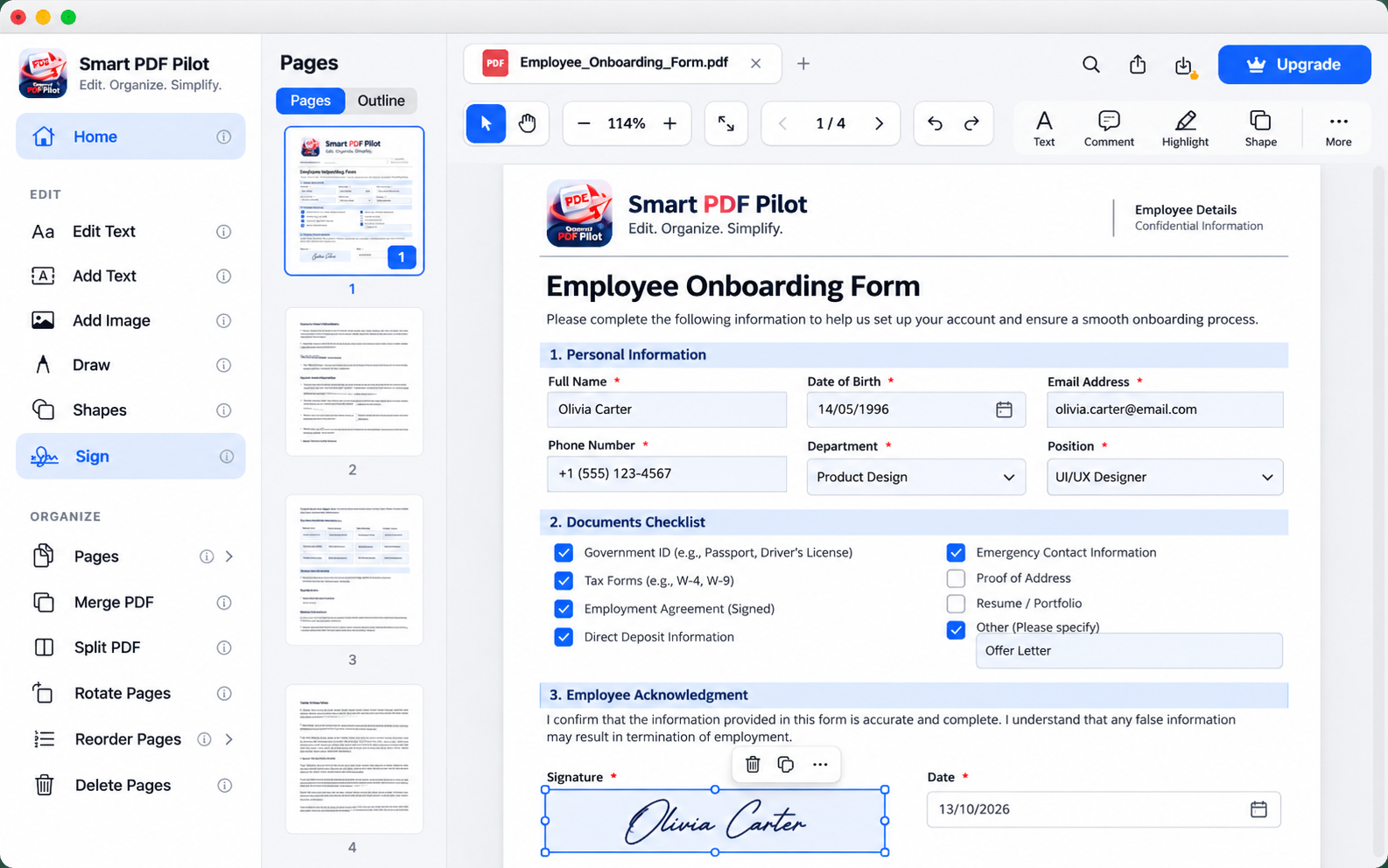 PDF form and document completion interface in Smart PDF Pilot