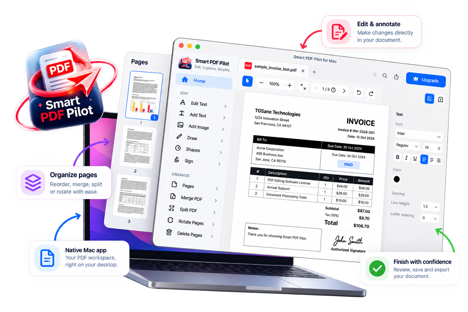 Smart PDF Pilot Mac desktop PDF workspace showing a document and editing controls