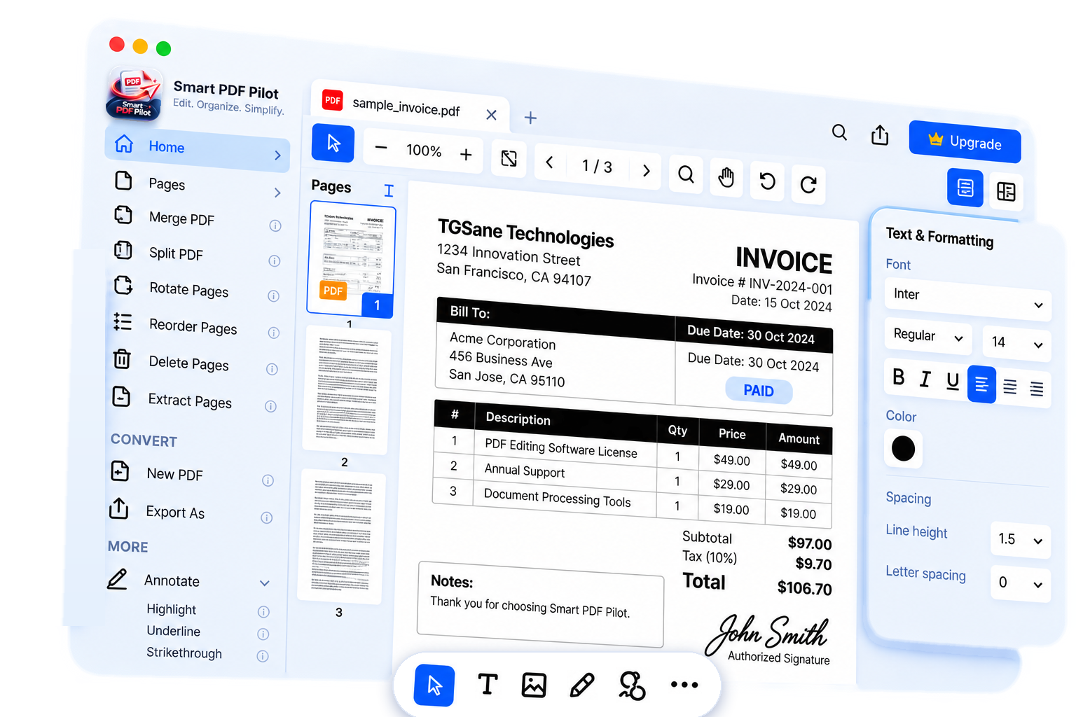 Smart PDF Pilot Mac PDF workspace overview